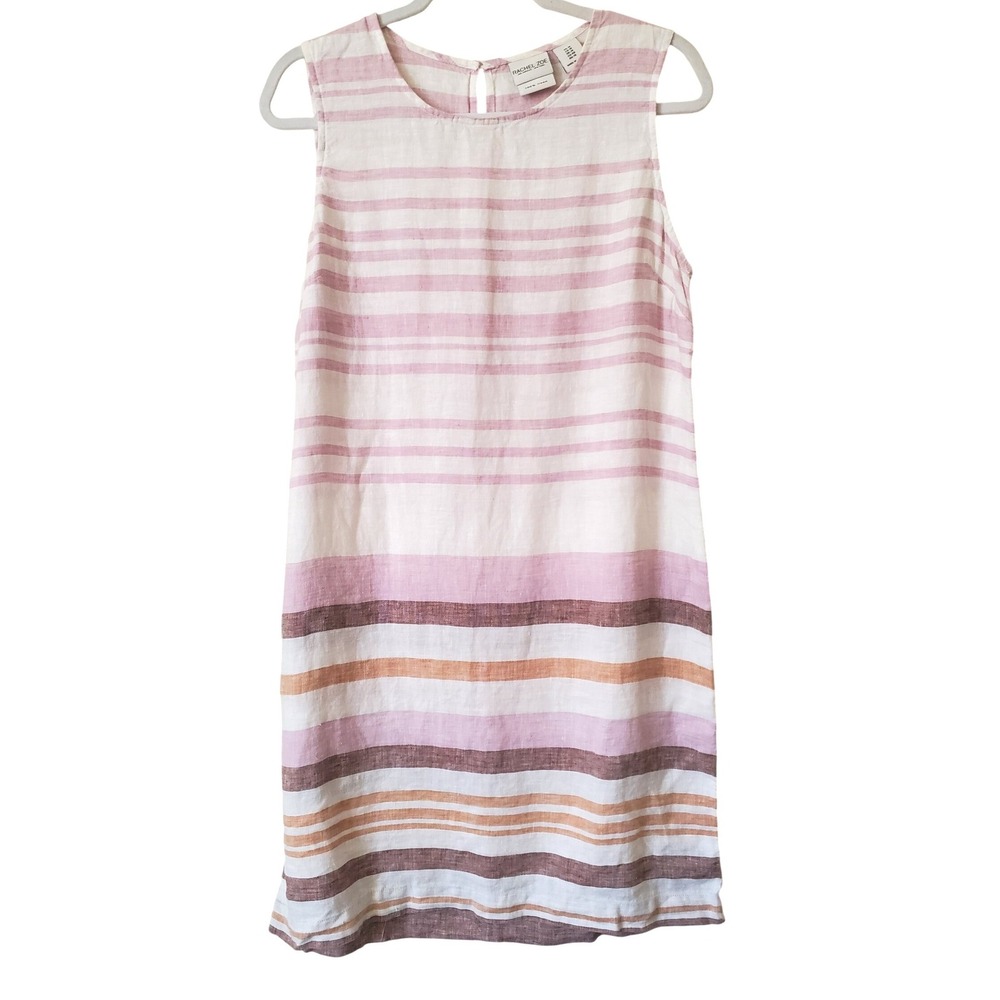 Rachel Zoe Womens 100% Linen Striped Sleeveless Shift Dress Pink Brown Size 10